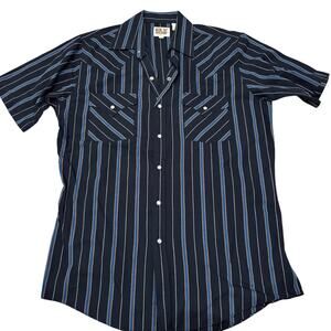 Ely Cattleman Black Indigo Blue & Brown Striped S/S Pearl Snap Shirt Medium